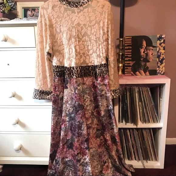 Vintage Dresses & Skirts - Vintage 1980’s Mixed Print Gown Maxi Ball Dress Velvet Cheetah Faux Fur Prom L M